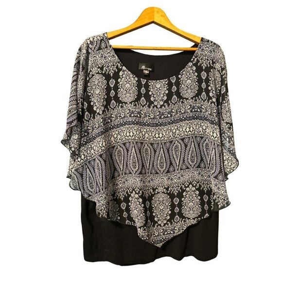 AB Studio Women's Black White Paisley Layered Flutter Butterfly Sleeve Top 1X - Picture 1 of 7